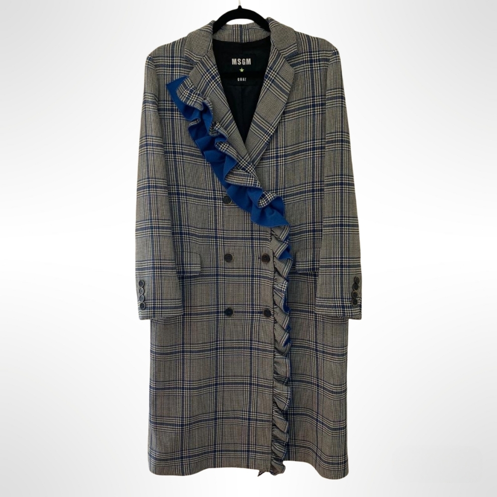 MSGM Glen Plaid Blue Ruffle Wool Blend Double Breasted Coat IT 42
